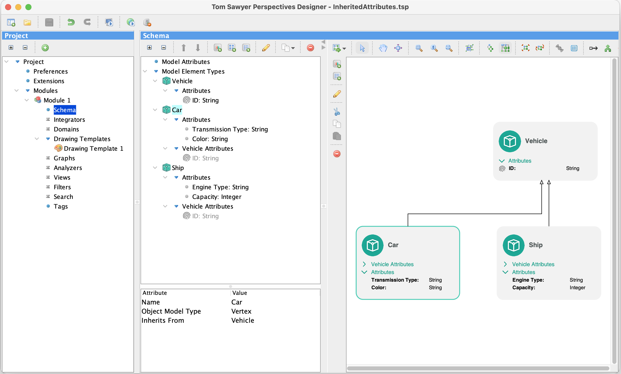 In Perspectives 10.0, use Schema Inheritance to apply different actions for objects in different levels of the inheritance hierarchy.