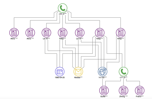 A cluster of suspected fraudulent transactions, accounts, and phone numbers and the relationships between them.