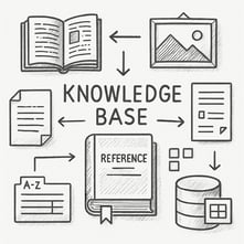 A stylized drawing of a traditional knowledge base including a wide variety of types of reference material