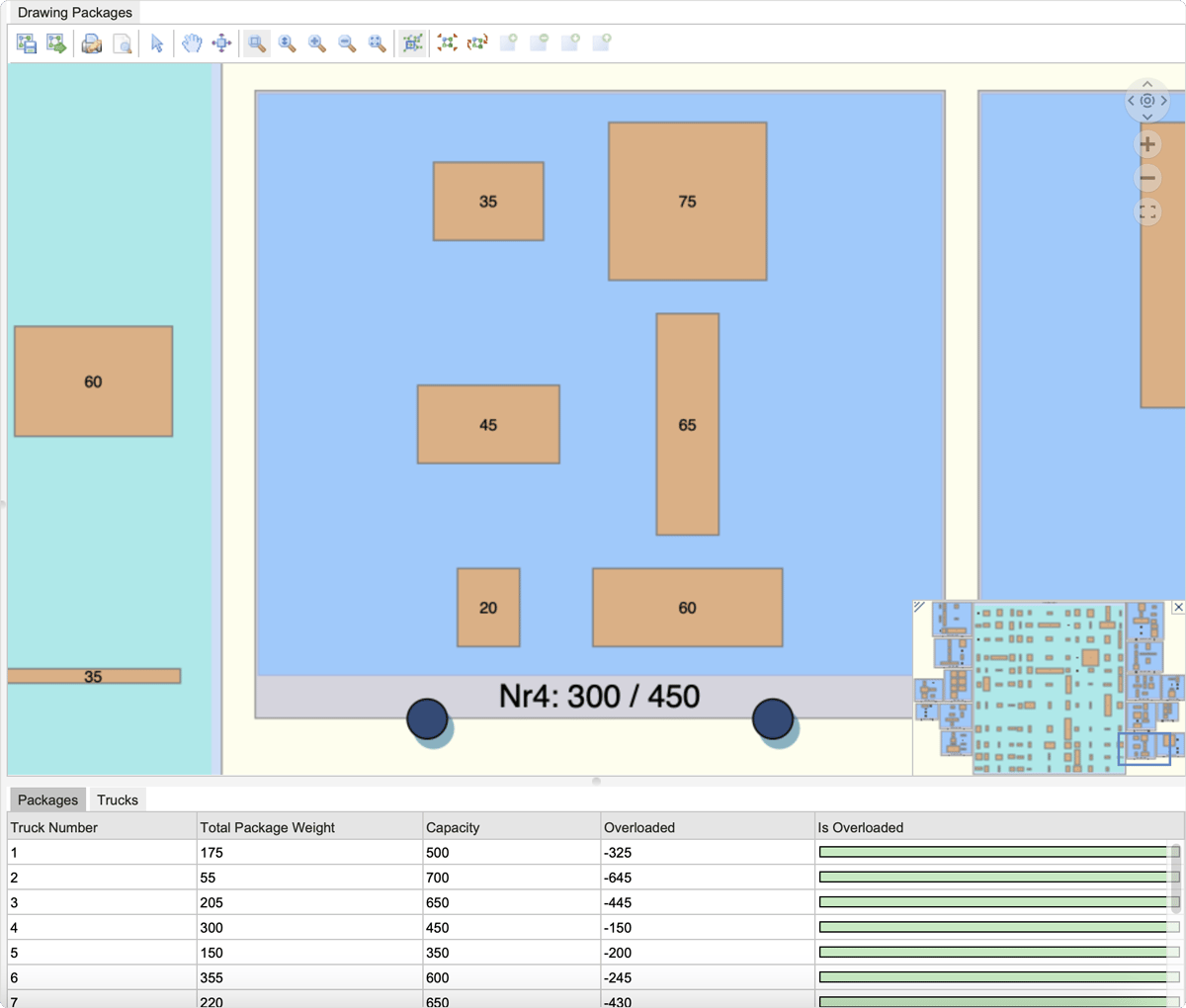 An example Perspectives application showing logistics for package distribution with sorting of disconnected nodes into a grid structure.