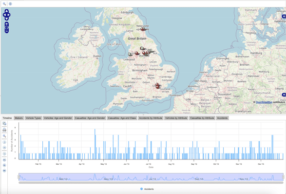 An interactive, spatial-temporal scene graph visualization showing the number and location of car accidents in Britain over time.