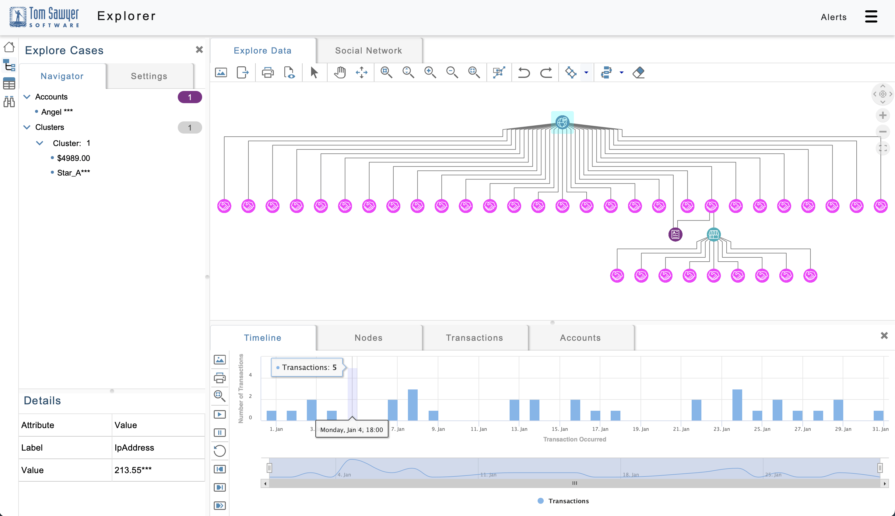 A graph visualization and timeline of financial transactions created with Tom Sawyer Perspectives