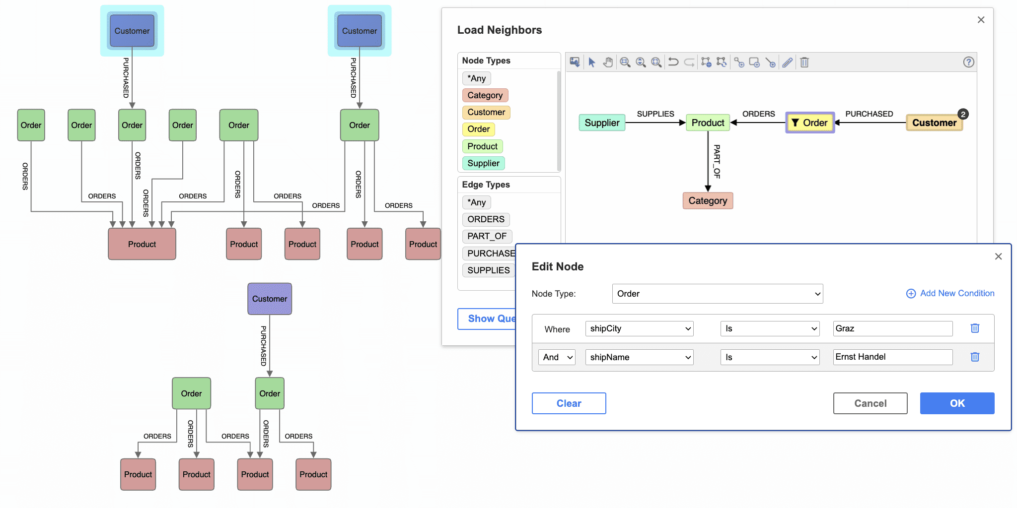 A supply chain graph visualization produced with Tom Sawyer Explorations that shows the relationship between different orders, products, suppliers, and customers.