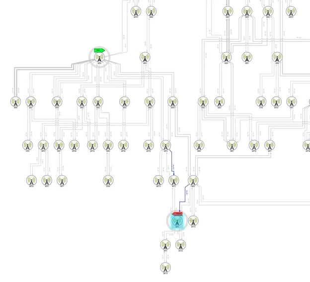 Analytics showing that the connections (blue edges) that need to be compromised for the tower marked with the red flag to be disconnected from the starting node highlighted with the green flag.