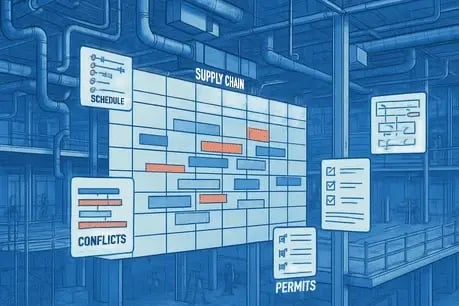 Conceptual drawing of a large building under construction, and the complexity of coordinating many different contractors and schedules.
