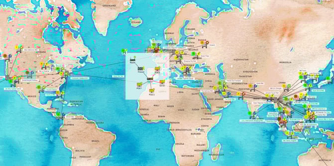 A map showing the geographic locations and relationships between devices and hardware of a retail chain produced with Tom Sawyer Perspectives.