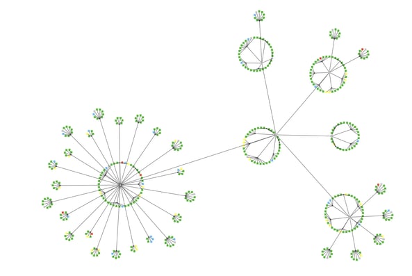 A graph visualization of a retail network produced with Tom Sawyer Perspectives that shows the relationships between clusters of network devices. 